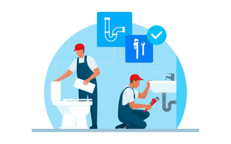 Professional plumbers service, they are unclogging a toilet and fixing the plumbing in a sink