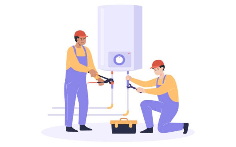 Workers repairing water heater flat vector illustration. Plumbers in overalls fixing tankless water supply or boiler in bathroom. Repair service, occupation, maintenance concept